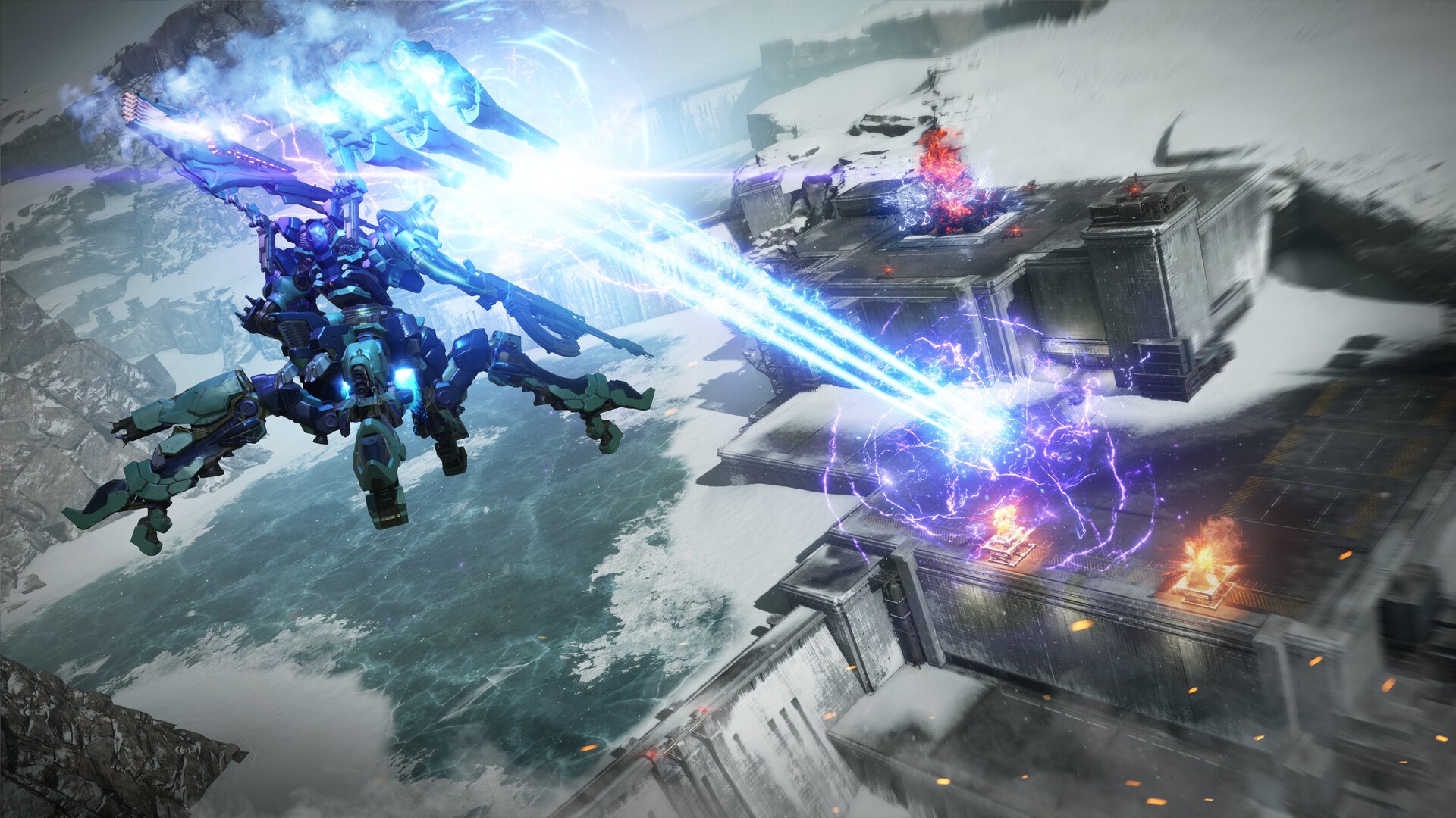 Armored Core VI: Ein Mech schwebt über einer verschneiten Ebene und feuert Laser