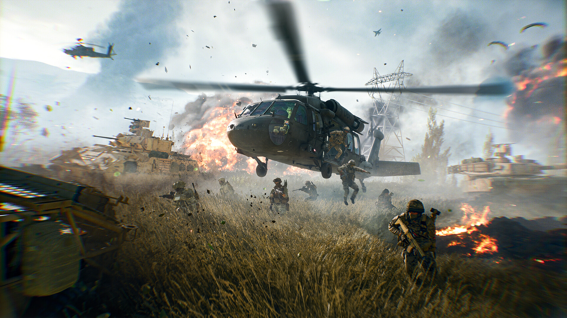 Battlefield 6 – Helikopter über einem Schlachtfeld mit Panzern