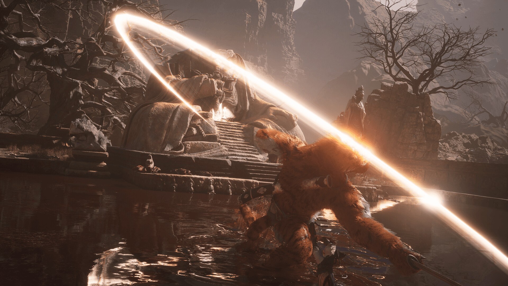 Black Myth: Wukong – Feuriger Stabangriff gegen einen Affen-Boss