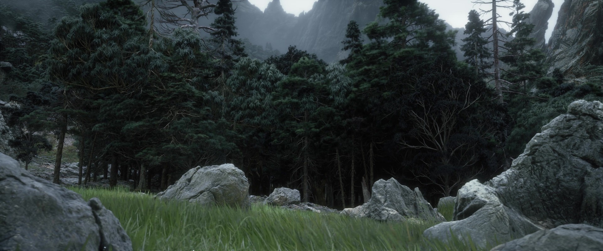 Black Myth: Zhong Kui: Wald mit Felsen und Wiese in den Bergen