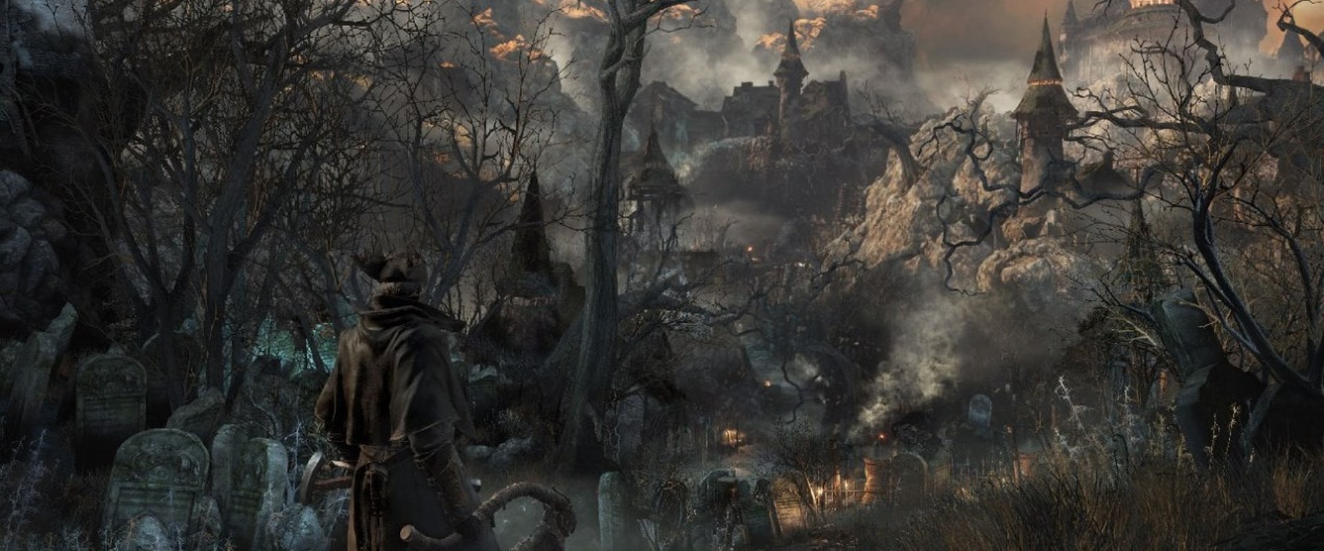 Bloodborne – Jäger vor der Silhouette von Yharnam