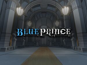 Blue Prince – Artikelbild mit Logo vor der Eingangshalle