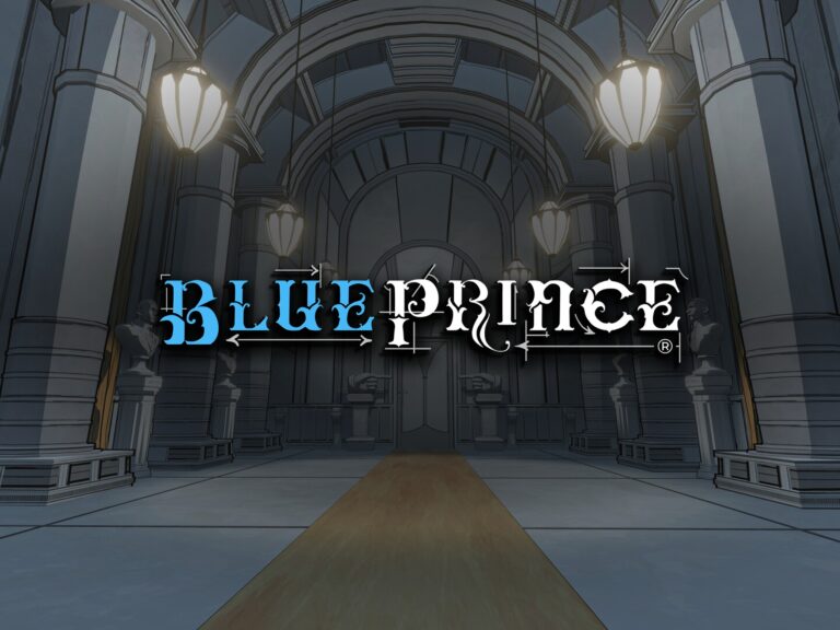 Blue Prince – Artikelbild mit Logo vor der Eingangshalle