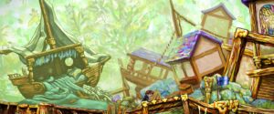 Braid, Anniversary Edition – Gemalte Landschaft mit Schiff und Häusern