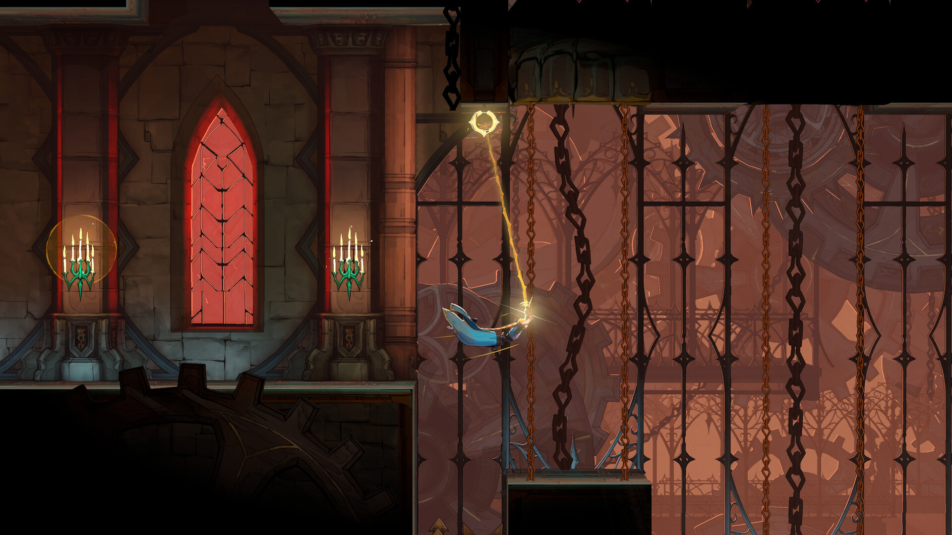Castlevania: Belmont's Curse Screenshot: Rose Belmont schwingt sich mit der Peitsche durch ein Schloss