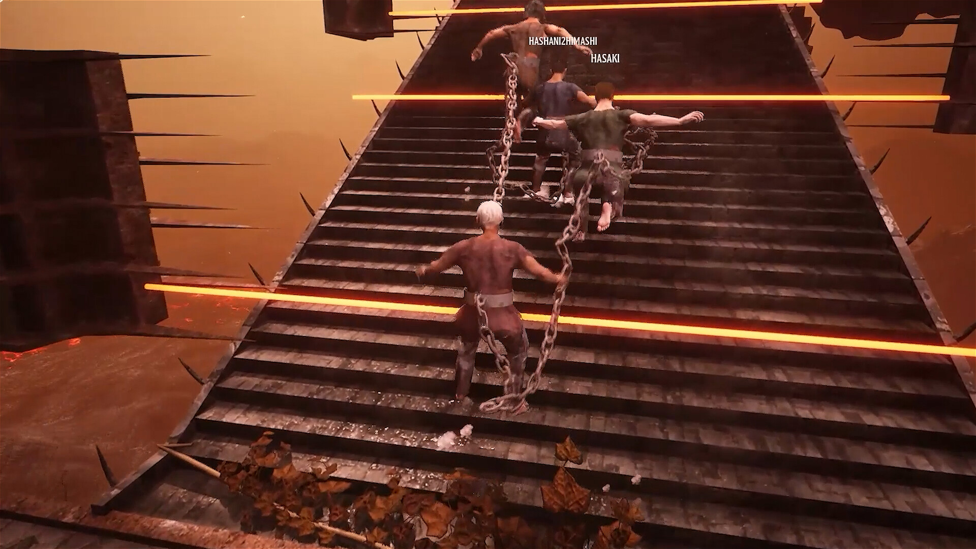 Chained Together – Gruppe klettert eine Treppe mit Lasern hinauf