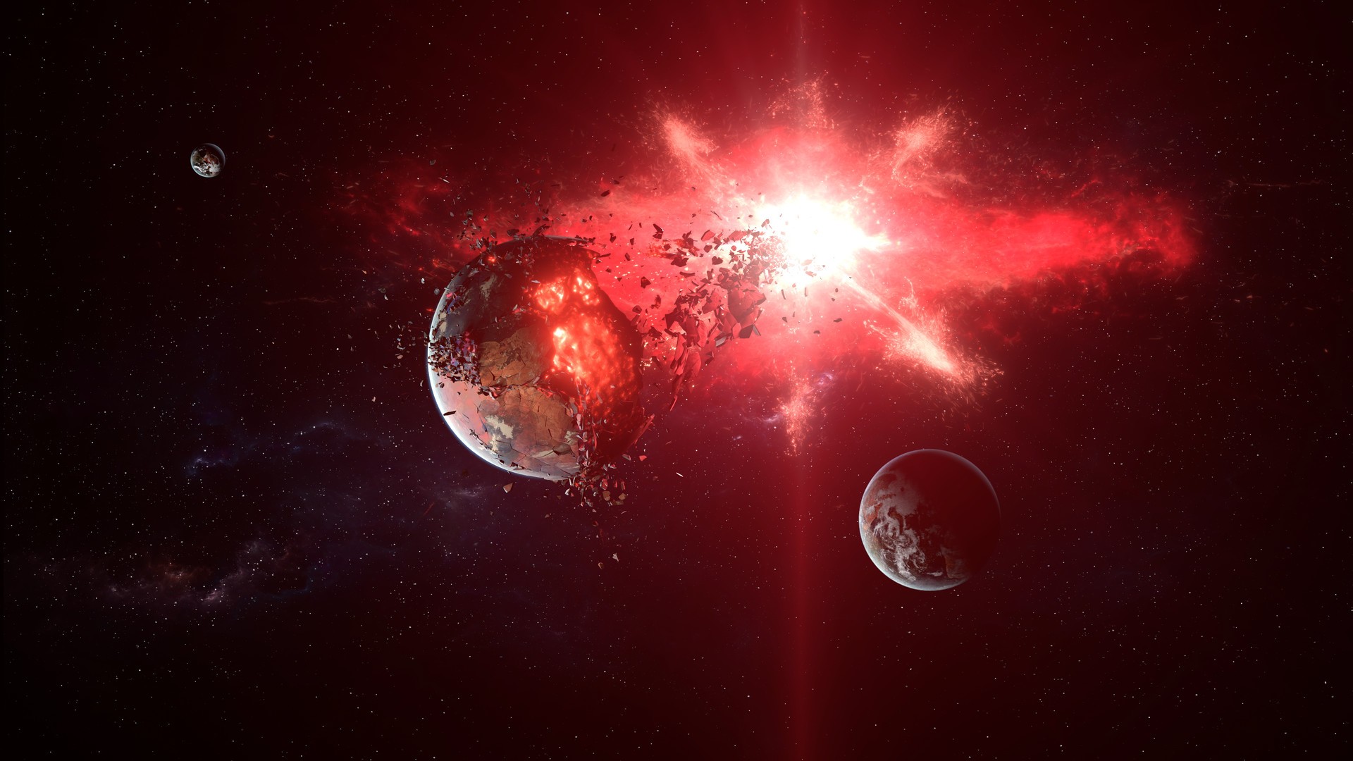 Chorus-Screenshot: rote Explosion zwischen Planeten im All
