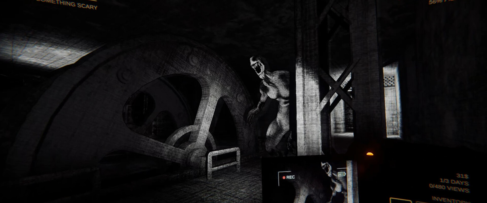 Content Warning – Dunkle Halle mit einem Monster
