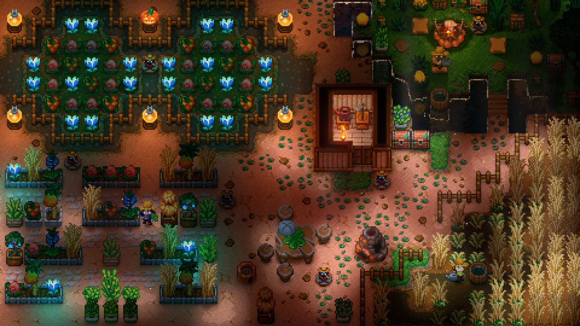 Core Keeper – Große Farm mit Pflanzen und Beeten in der Höhle