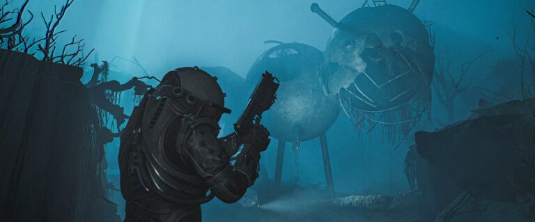 Cronos: The New Dawn – Die Reisende vor einer zerstörten Stadt im Nebel