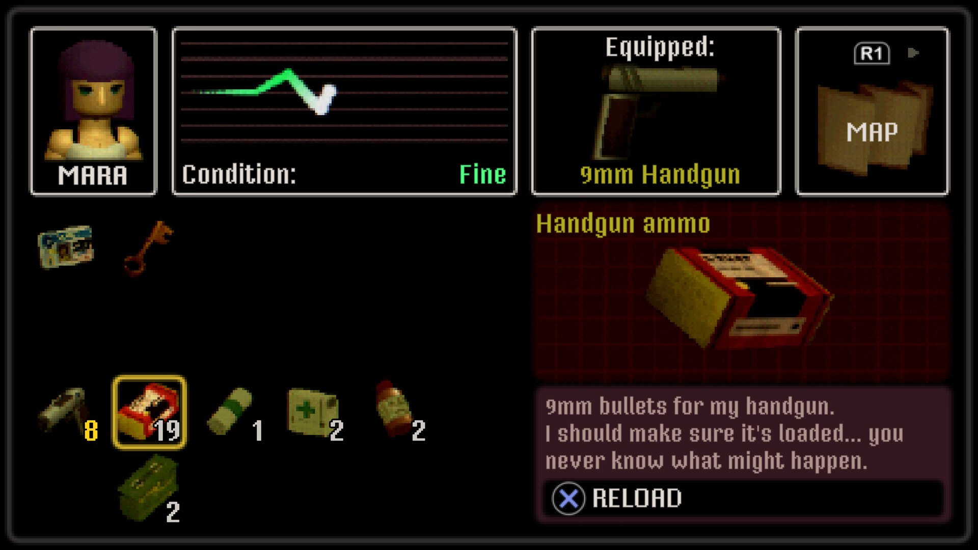 Crow Country – Inventar mit Waffe, Munition und Gegenständen