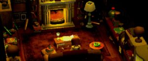 Crow Country – Gemütliches Wohnzimmer mit Kamin und Sesseln im Retro-Look