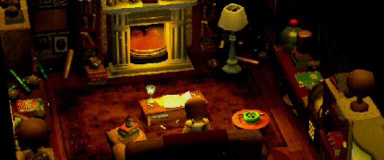 Crow Country – Gemütliches Wohnzimmer mit Kamin und Sesseln im Retro-Look