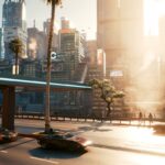 Cyberpunk 2077: Straße in Night City bei Sonnenuntergang