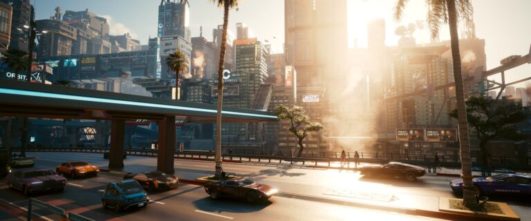 Cyberpunk 2077: Straße in Night City bei Sonnenuntergang