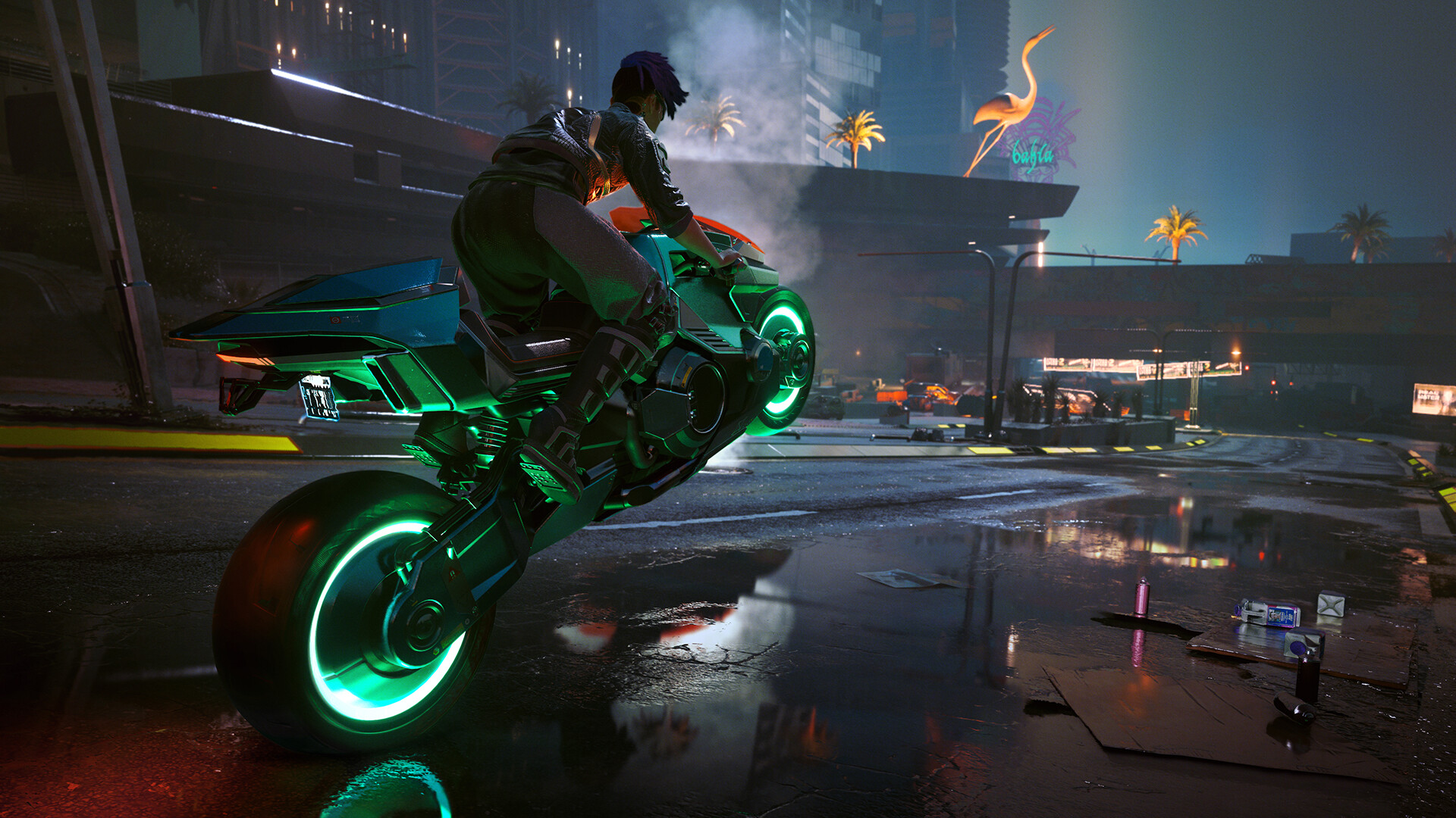 Cyberpunk 2077: Motorrad mit grüner Neonbeleuchtung