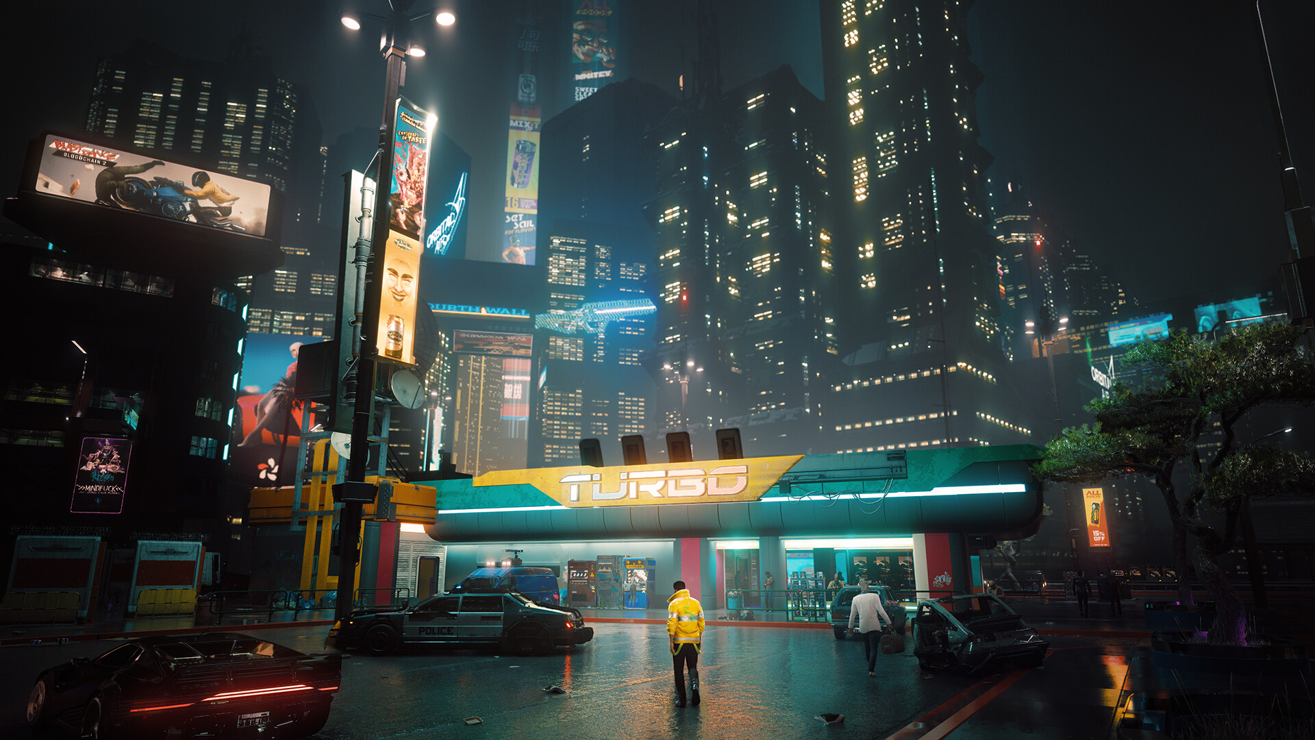 Cyberpunk 2077: Neonbeleuchtete Straße bei Nacht