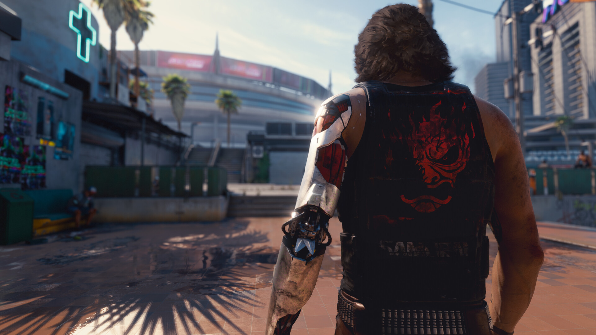 Cyberpunk 2077: V von hinten in einer sonnigen Straße