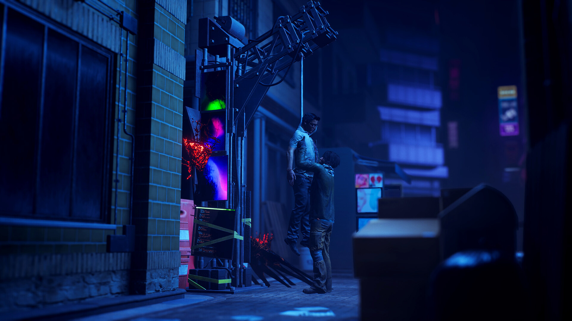 Dead by Daylight – Survivor versteckt sich in einer dunklen Gasse