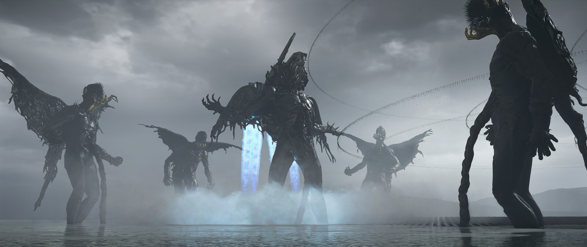 Death Stranding 2: Sam steht im Nebel vor riesigen, schwebenden Gestalten