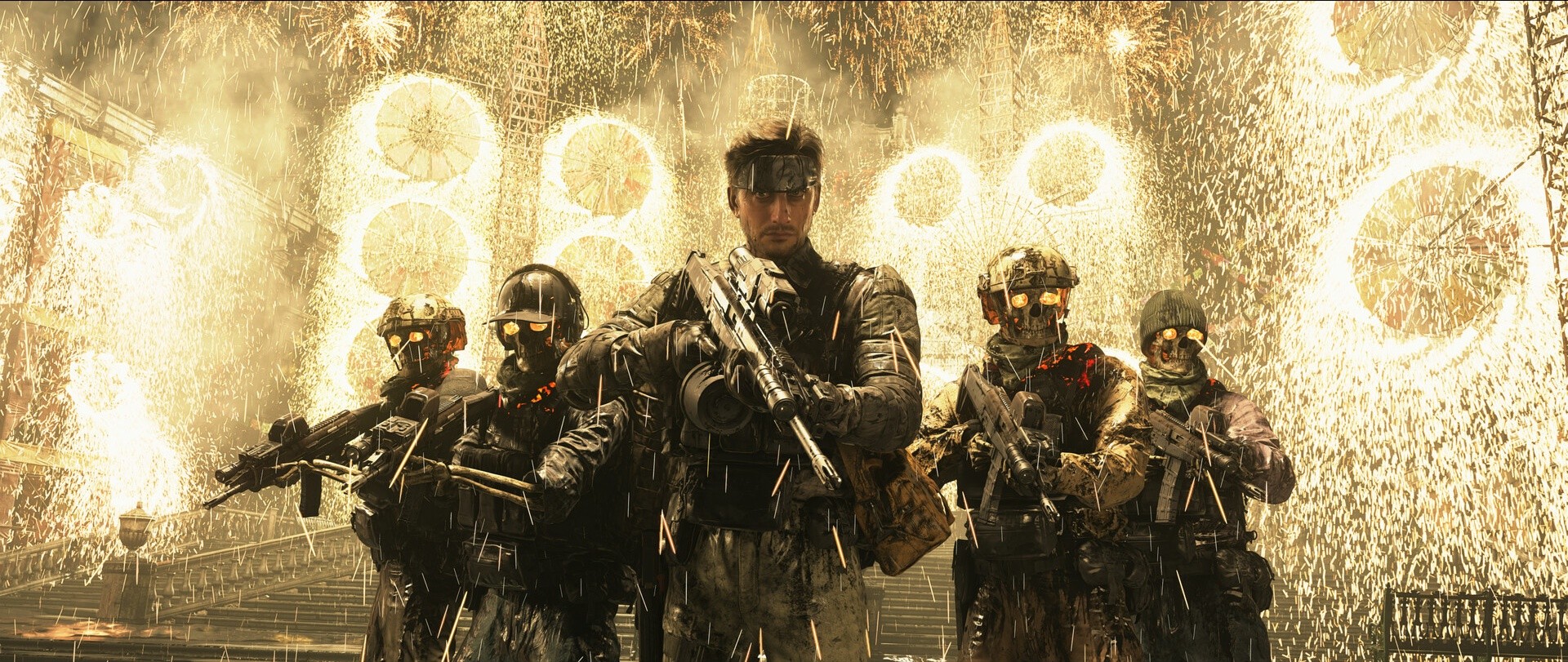 Death Stranding 2: Bewaffnete Gruppe in einem hell leuchtenden Raum