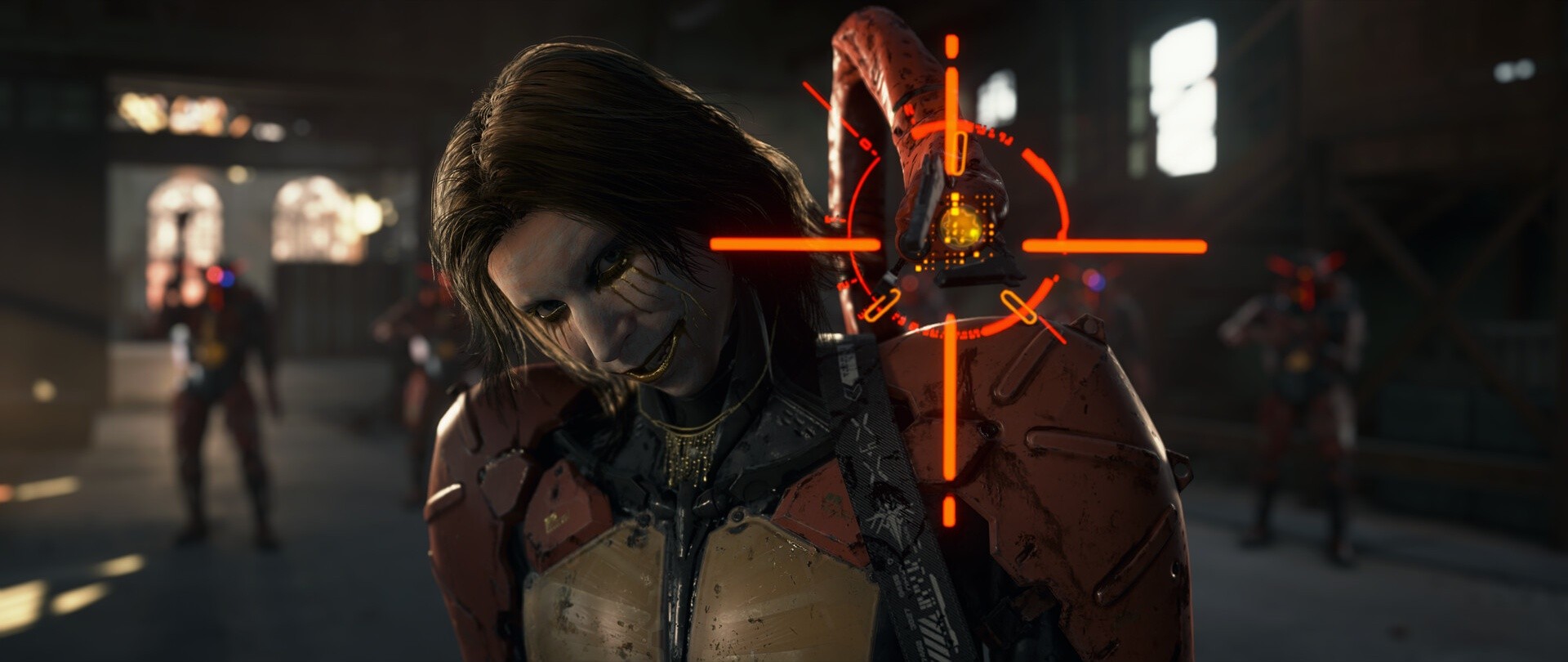 Death Stranding 2: Eine Frau richtet eine Waffe auf, ein rotes Fadenkreuz ist zu sehen