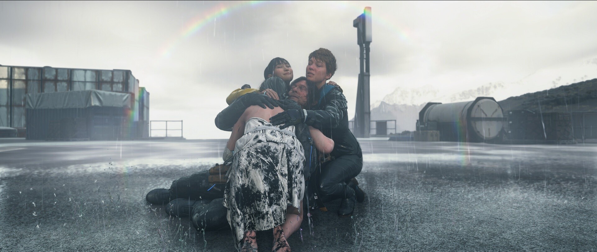 Death Stranding 2: Sam trägt eine Person durch eine überflutete Landschaft