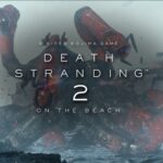 Death Stranding 2: On the Beach: Sam vor einem riesigen Gegner im Nebel, mit offiziellem Logo