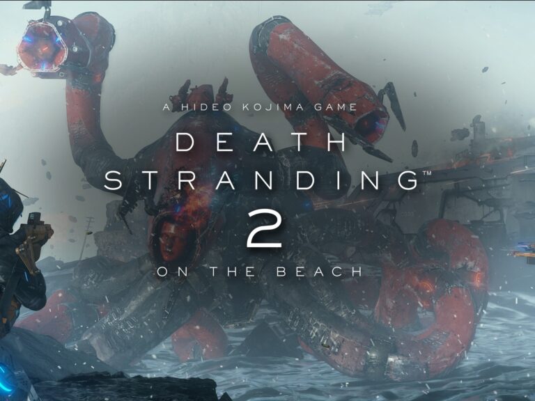 Death Stranding 2: On the Beach: Sam vor einem riesigen Gegner im Nebel, mit offiziellem Logo