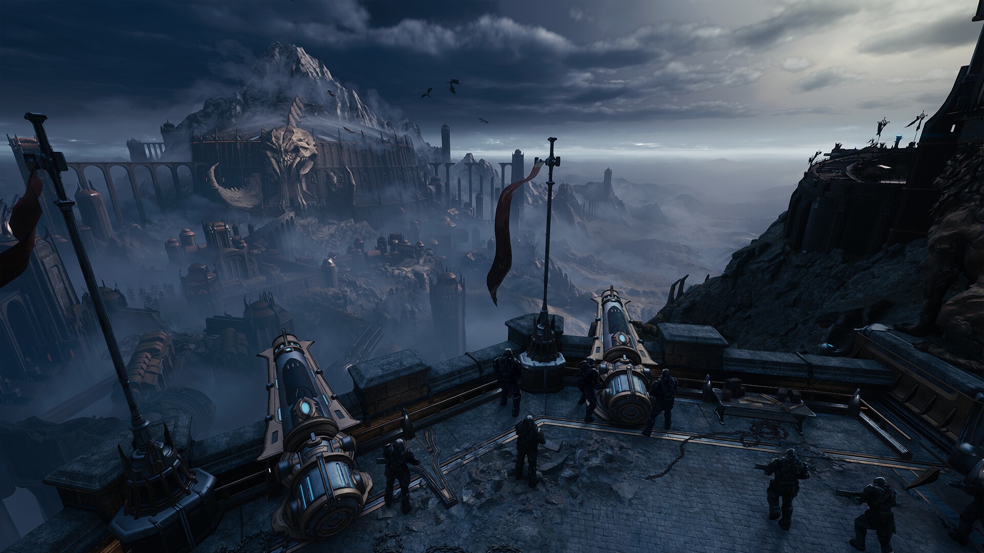 DOOM: The Dark Ages: Weite, dunkle Landschaft mit Burgen und Gewitterhimmel