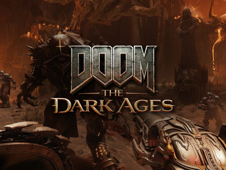 DOOM: The Dark Ages: Der Slayer mit Waffe vor Dämonen in einer brennenden Festung, mit offiziellem Logo