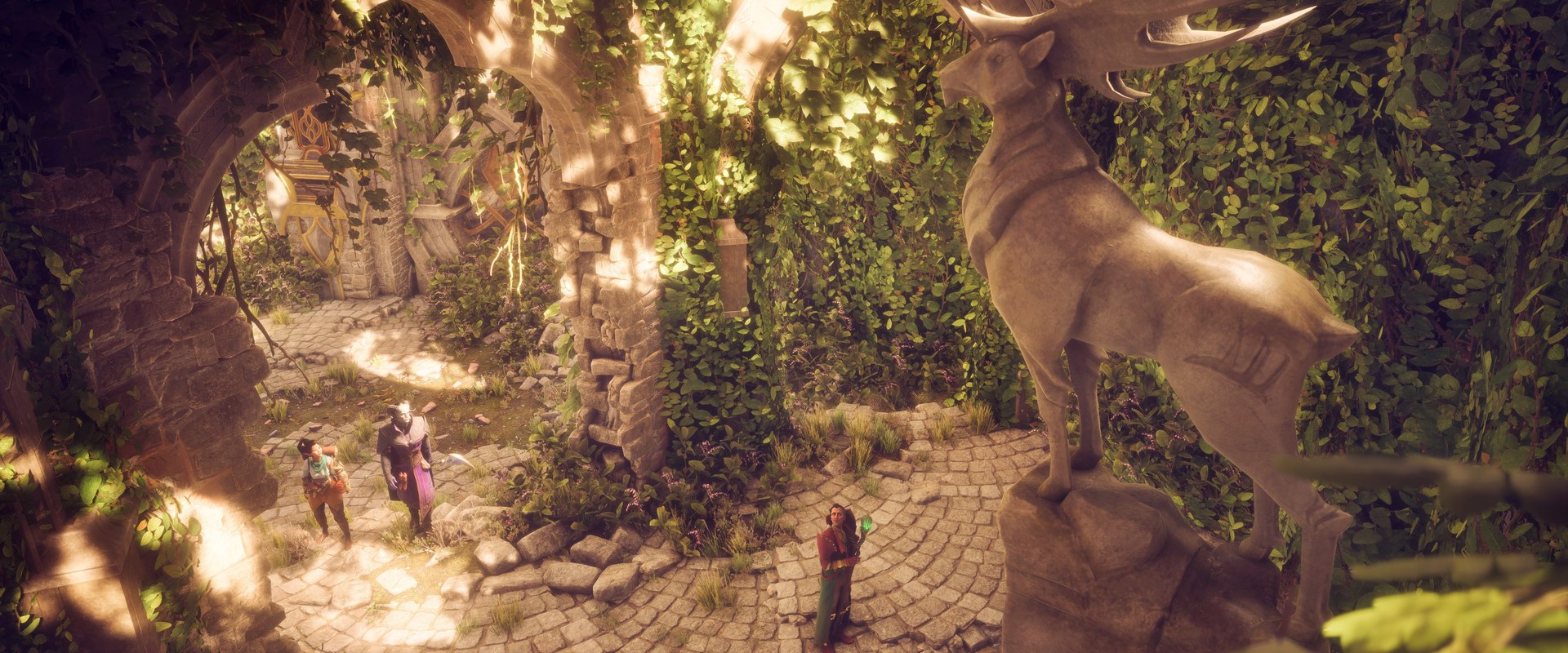 Dragon Age: The Veilguard – Elfenruinen mit Hirschstatue im Wald