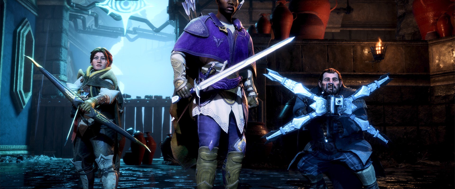Dragon Age: The Veilguard – Rook mit Gefährten in Kampfhaltung