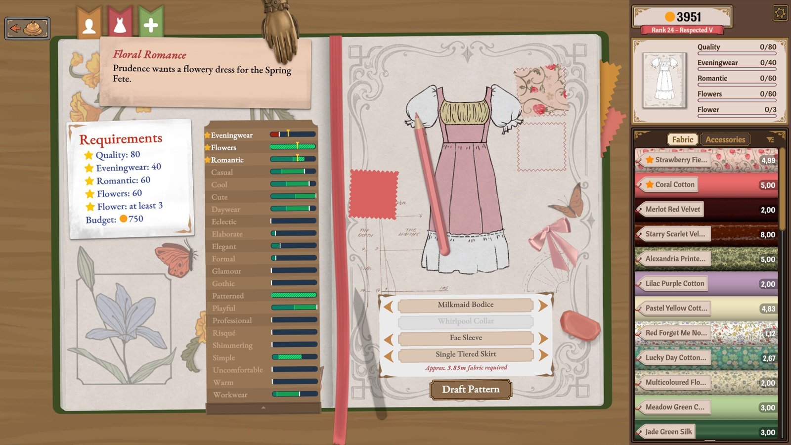 Dressmaker: Skizzenbuch mit Kundenwunsch und Schnittentwurf