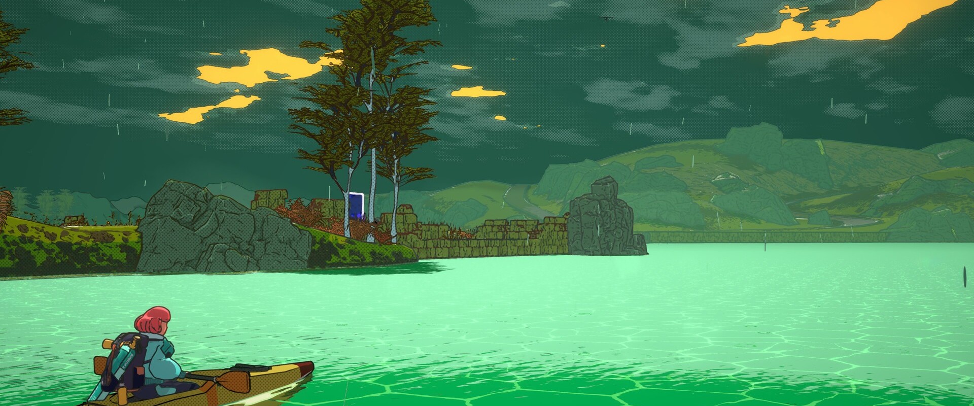 Dungeons of Hinterberg – Luisa paddelt mit einem Boot über einen grünen See