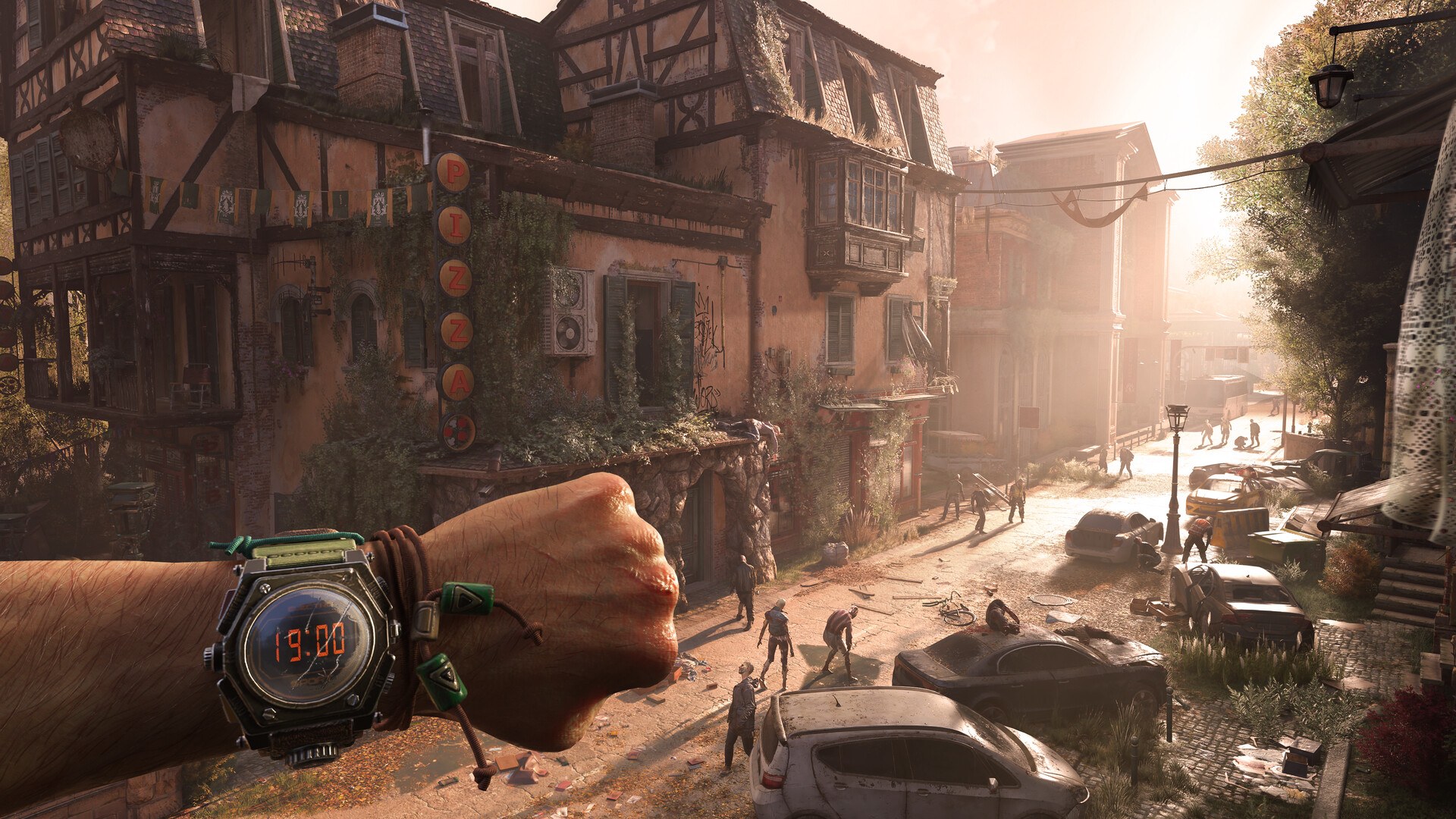 Dying Light: The Beast: Kyle Crane blickt auf eine zerstörte Altstadt mit Zombies