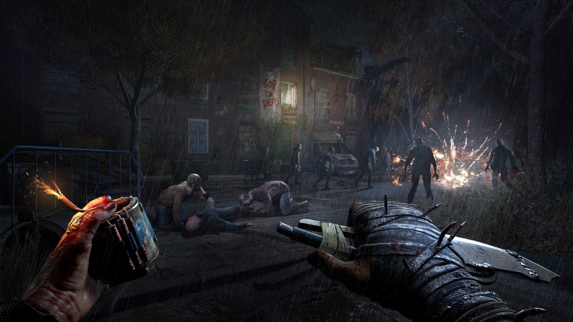 Dying Light: The Beast: Kyle Crane mit Wurfgeschoss vor einer Zombiegruppe