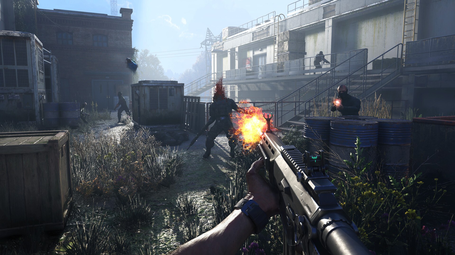 Dying Light: The Beast: Feuergefecht mit einem Gewehr in einem Industriegebiet