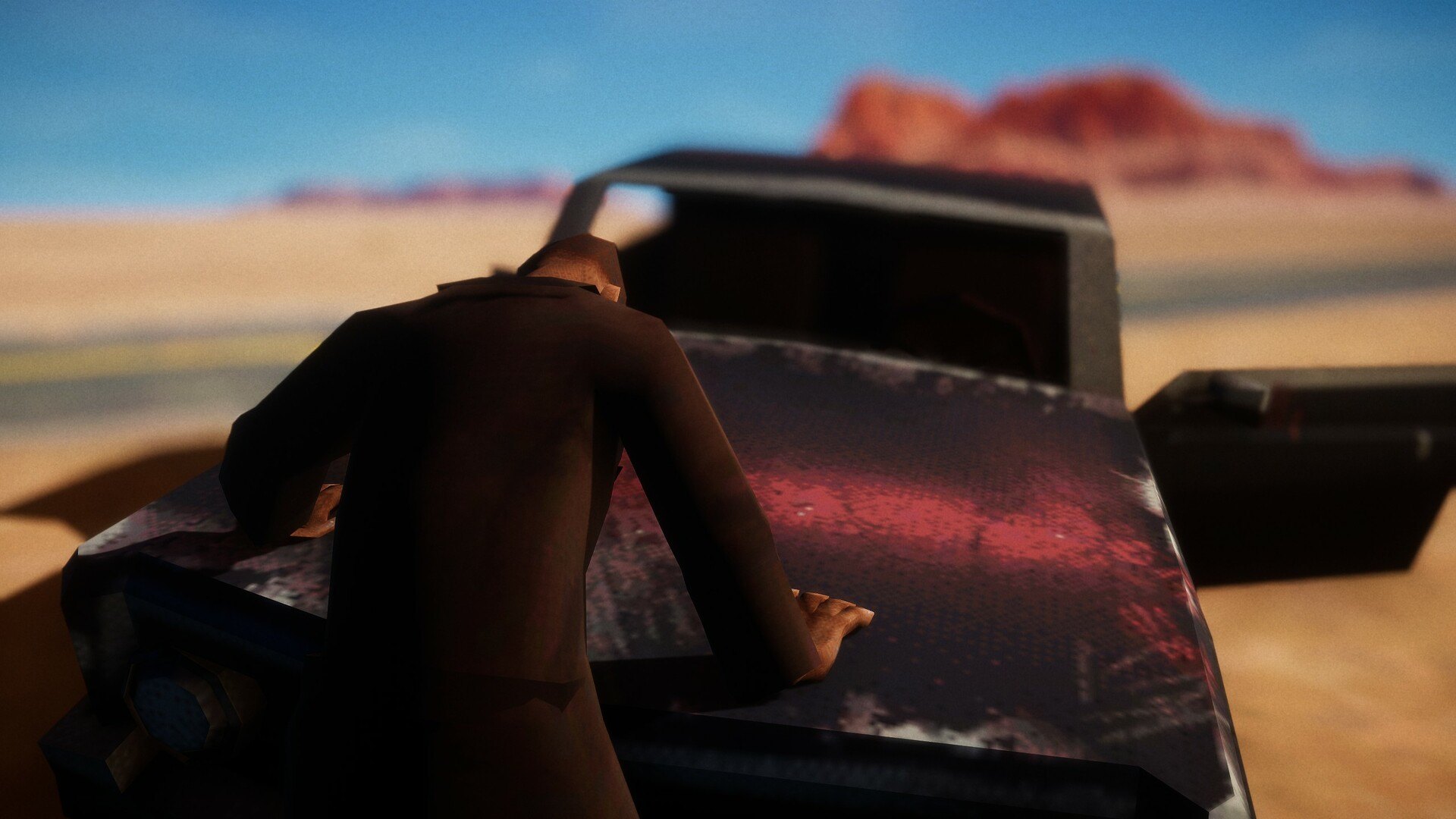 El Paso, Elsewhere – Figur vor einem Auto in der Wüste