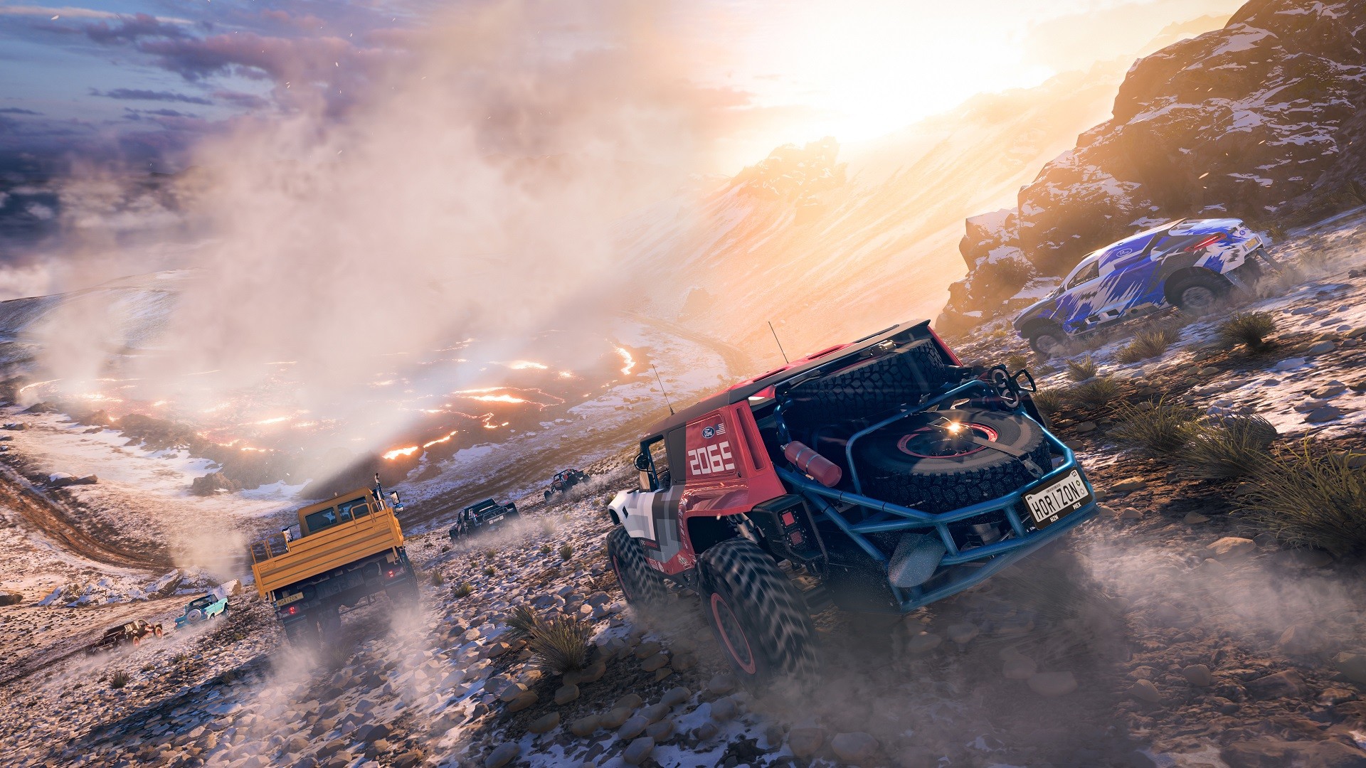 Forza Horizon 5 – Offroad-Fahrzeuge springen durch eine staubige Schlucht
