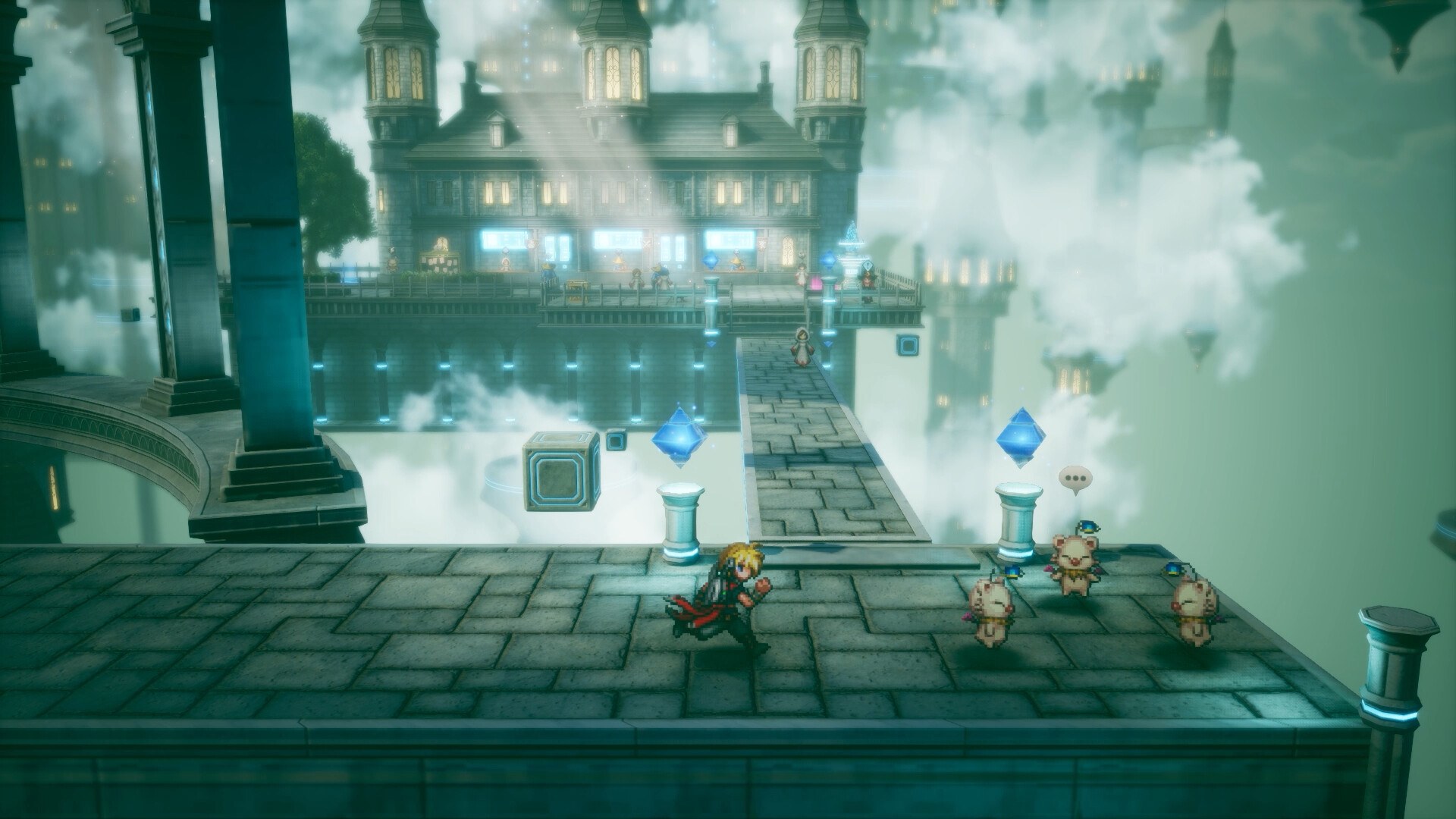 FINAL FANTASY RESONANCE: HD-2D-Stadt mit Wasserfällen und Brücken