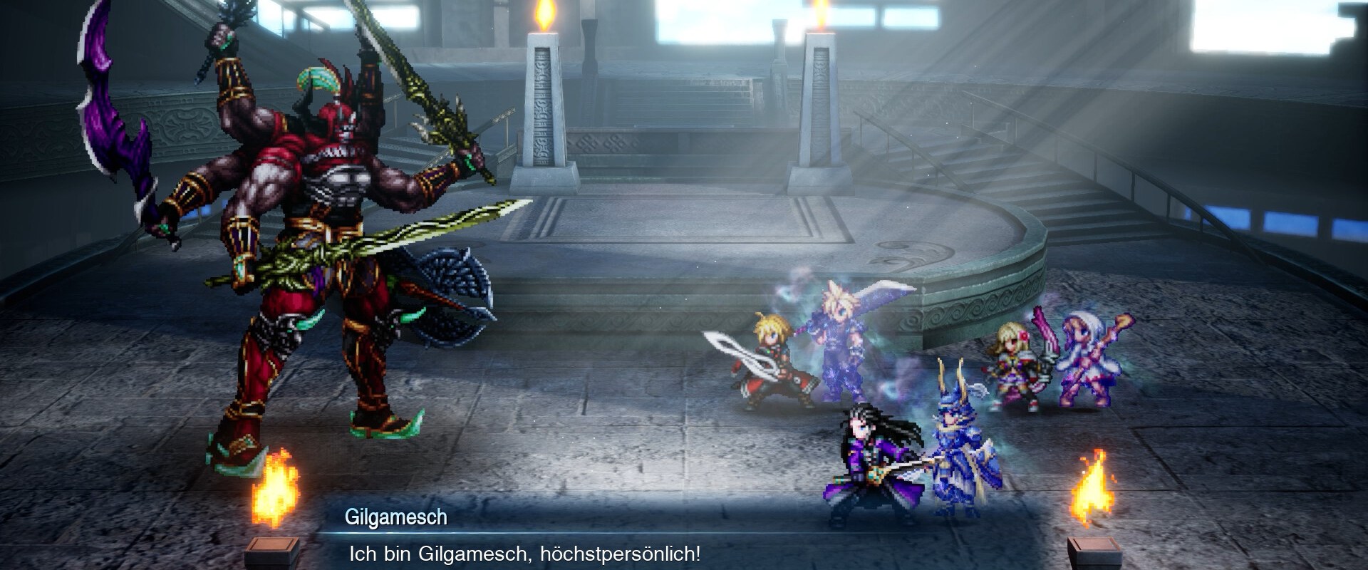 FINAL FANTASY RESONANCE: Bosskampf in einer Halle gegen einen Ritter mit Speer