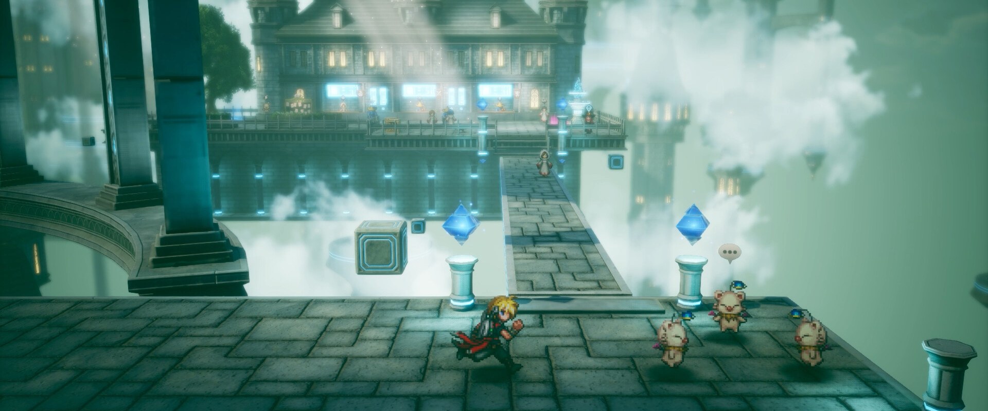FINAL FANTASY RESONANCE: HD-2D-Stadt mit Wasserfällen und Brücken