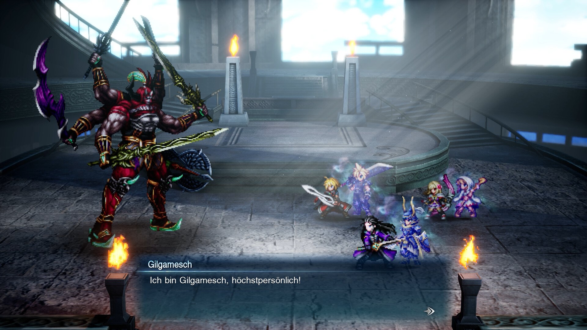 FINAL FANTASY RESONANCE: Bosskampf in einer Halle gegen einen Ritter mit Speer