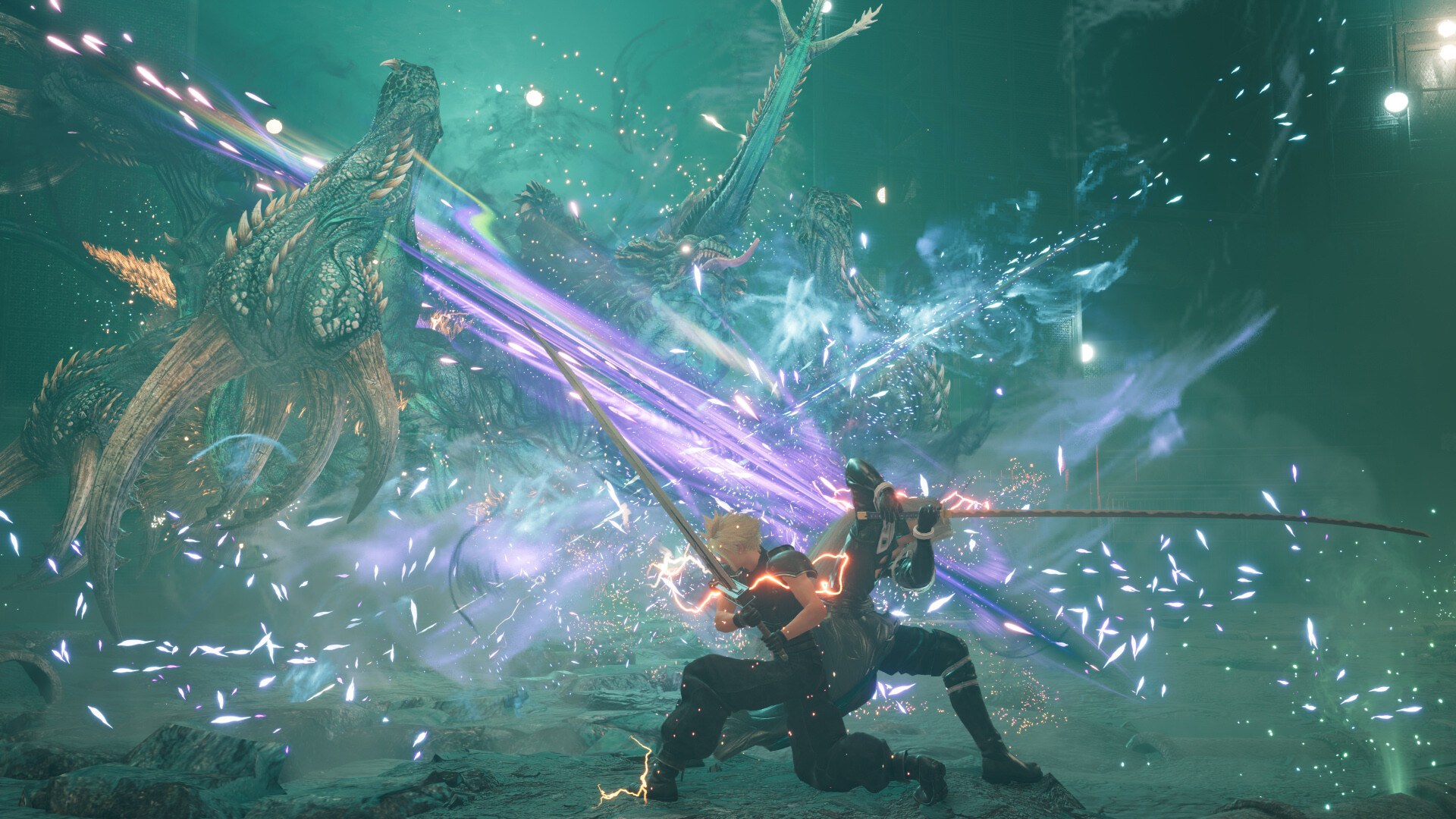 Final Fantasy VII Rebirth – Cloud kämpft gegen ein riesiges Monster