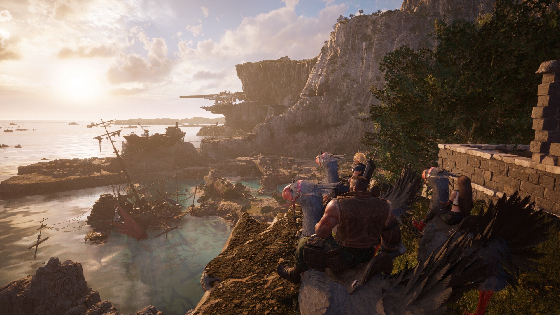 Final Fantasy VII Rebirth – Gruppe sitzt auf einer Klippe am Meer