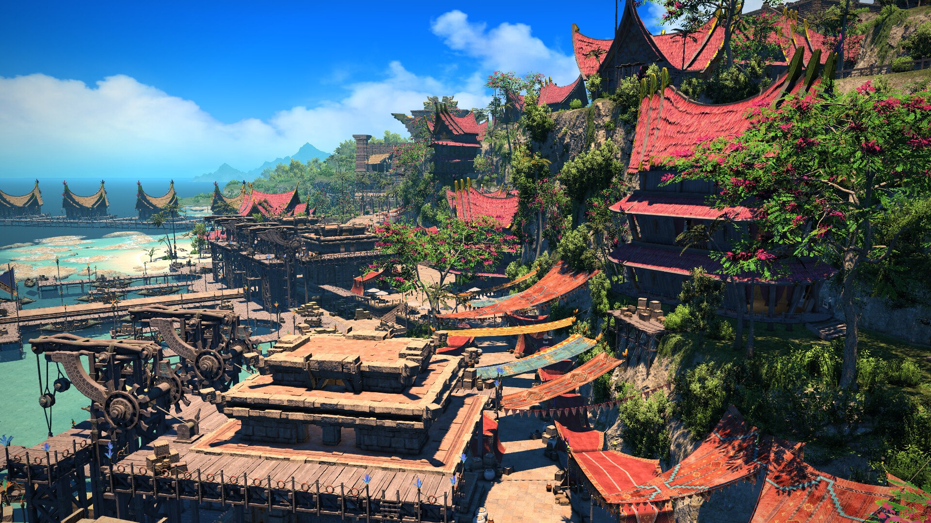 Final Fantasy XIV: Dawntrail – Stadt am Meer mit roten Dächern
