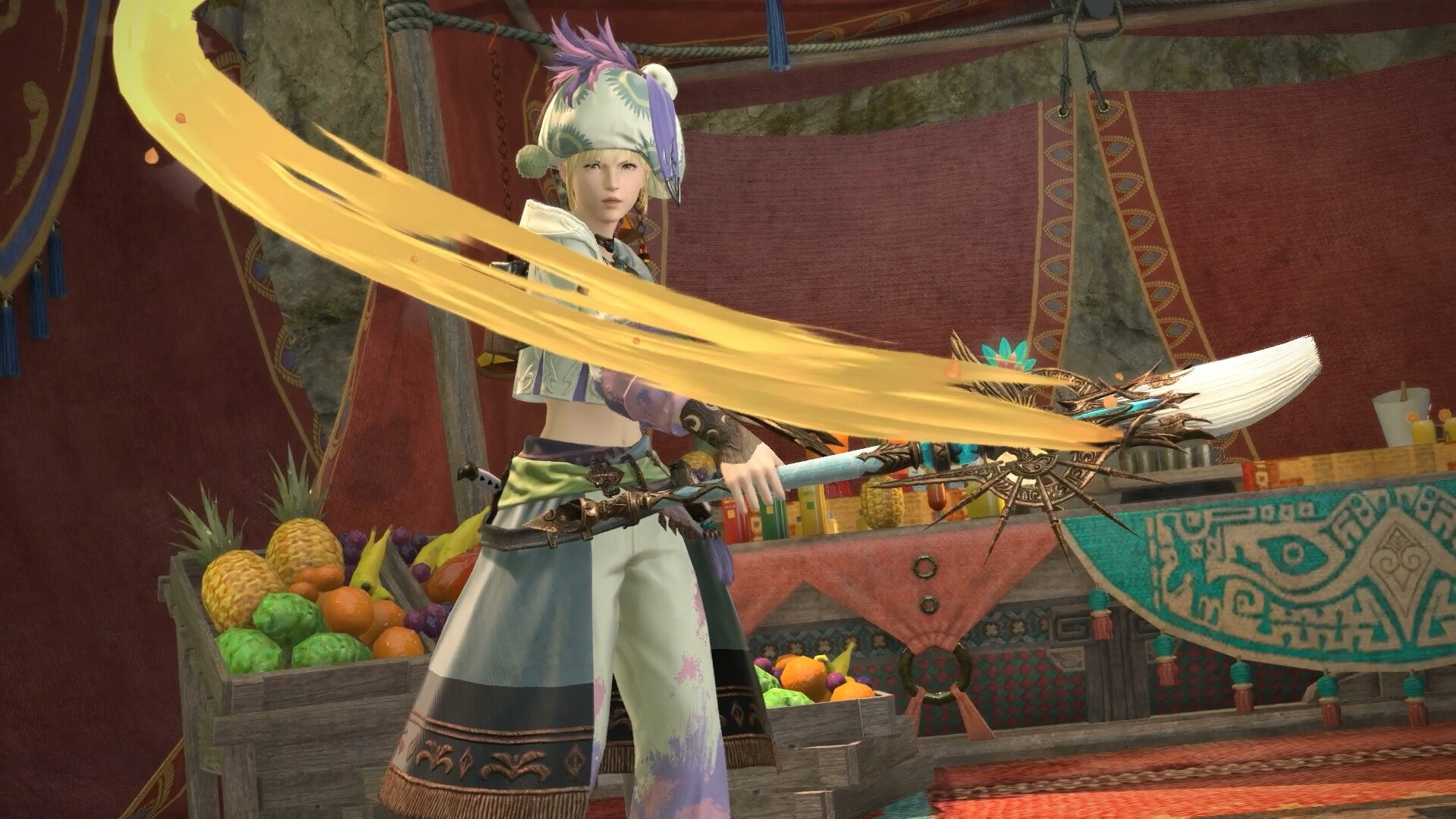 Final Fantasy XIV: Dawntrail – Pictomancer mit Pinsel auf einem Markt