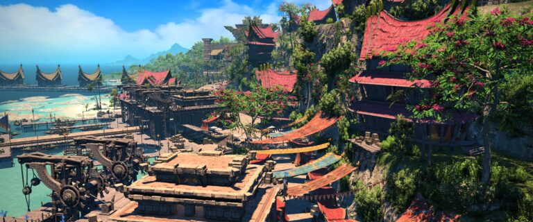 Final Fantasy XIV: Dawntrail – Stadt am Meer mit roten Dächern