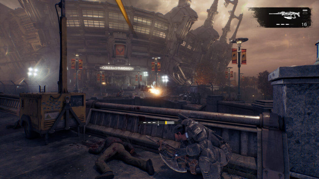 Gears of War: E-Day – Soldat in Deckung vor einem zerstörten Stadtgebäude in Kalona während eines Feuergefechts
